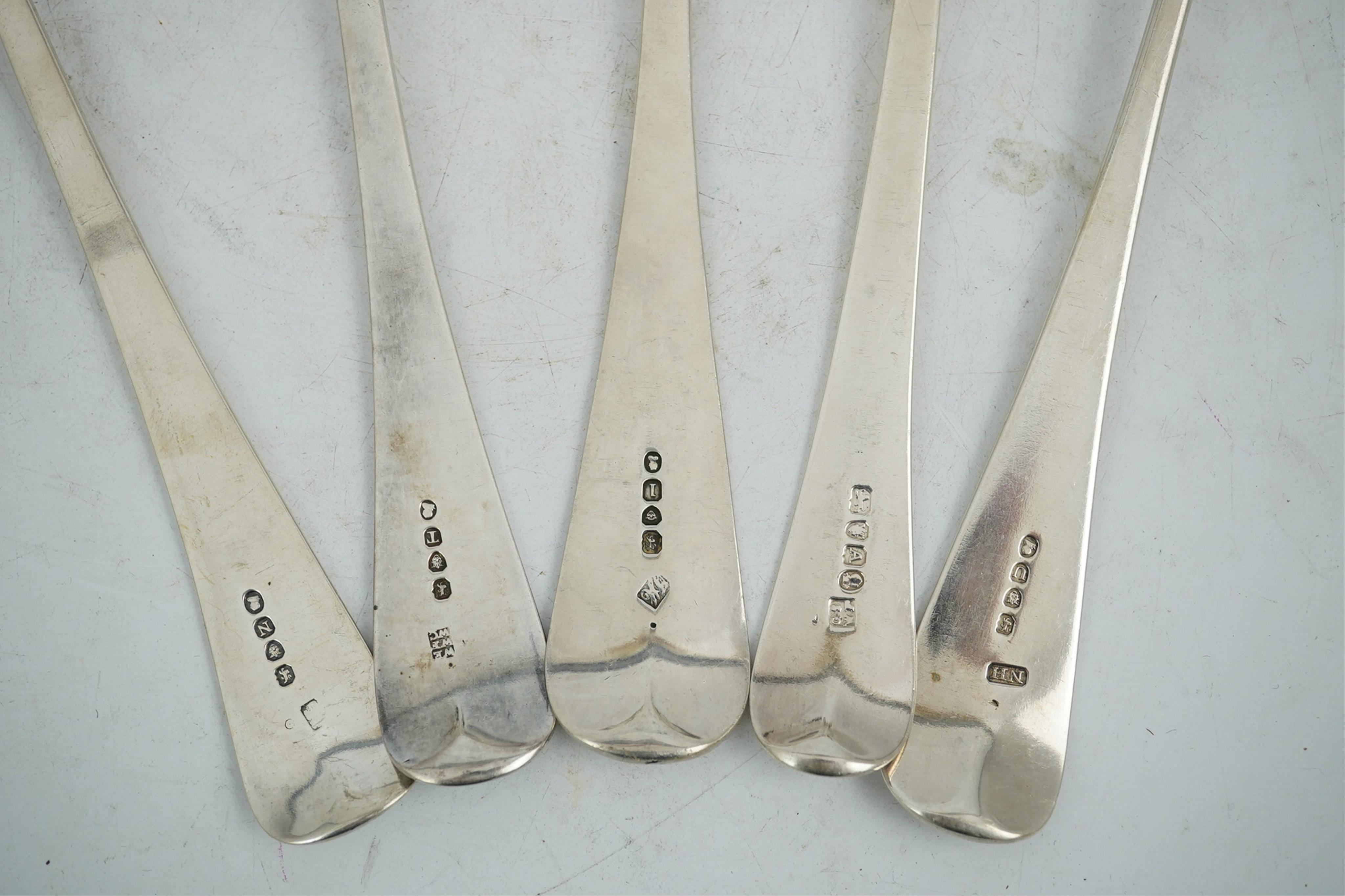 Five assorted late 18th/early 19th century silver Old English pattern basting spoons, various dates and makers, earliest Smith & Fearn, London, 1797, latest London, 1825, 18.5oz.